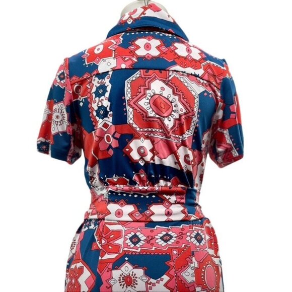 Tracy Negoshian Red & Blue Short Sleeve Collared Dress L - Picture 4 of 14